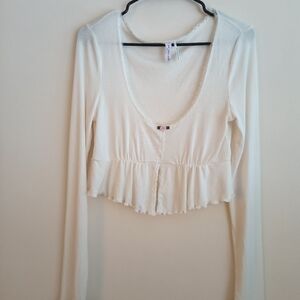 UO Out From Under Ivory Y2K Cropped Lace Longsleeve Ribbed Top Large